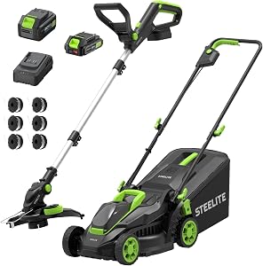 STEELITE 20V Cordless Lawn Mower & String Trimmer Combo, 13" Electric Lawn Mower